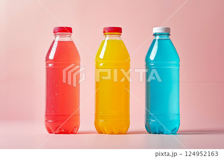 Three bottles of different colored drinks on a pink background 124952163