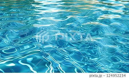 Ripples on the blue pool water. Shiny waves of clean pool water. Generated AI. 124952234