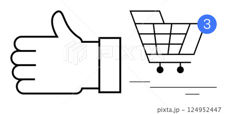 Thumbs up hand gesture next to a shopping cart with three items notification. Ideal for e-commerce, online shopping, digital retail, customer satisfaction, mobile apps, web design, UXUI. Line Thumbs up hand gesture next to a shopping cart with three items notification. Ideal for e-commerce, online shopping, digital retail, customer satisfaction, mobile apps, web design, UXUI. Line 124952447