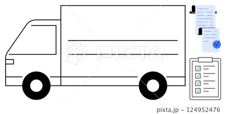Side view of a delivery truck with documents and a clipboard. Ideal for logistics, delivery services, shipping processes, transportation management, business operations. Simple, clean, minimal 124952476