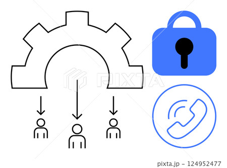 Gear distributing tasks to team members with a padlock symbol and a phone icon. Ideal for team management, communication, security, workflow, technology representation. Simple line style Gear distributing tasks to team members with a padlock symbol and a phone icon. Ideal for team management, communication, security, workflow, technology representation. Simple line style 124952477