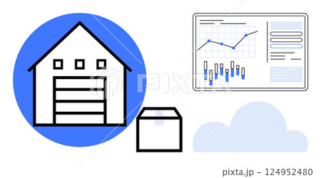 Warehouse building, storage box, and analytics dashboard with charts and graphs. Ideal for logistics, inventory control, supply chain management, warehousing, e-commerce, data tracking, cloud Warehouse building, storage box, and analytics dashboard with charts and graphs. Ideal for logistics, inventory control, supply chain management, warehousing, e-commerce, data tracking, cloud 124952480