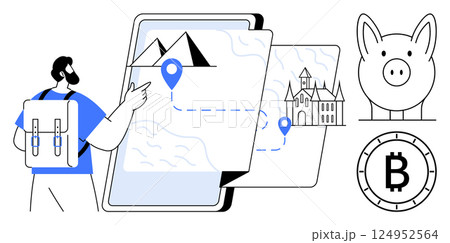 Traveler with backpack pointing at map on tablet. Map shows mountains and historic building. Piggy bank and Bitcoin symbol nearby. Ideal for travel apps, digital tourism, financial planning, historic Traveler with backpack pointing at map on tablet. Map shows mountains and historic building. Piggy bank and Bitcoin symbol nearby. Ideal for travel apps, digital tourism, financial planning, historic 124952564