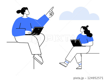 Two colleagues with laptops engage in a discussion, one pointing towards the sky, both seated comfortably. Ideal for teamwork, brainstorming, outdoor meetings, tech collaboration, idea sharing 124952571
