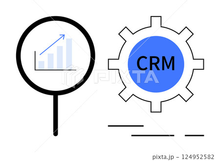 Magnifying glass showing upward graph next to blue gear with CRM text. Ideal for SEO, business strategy, marketing, customer relationship management, technology, data analysis. Banner for landing Magnifying glass showing upward graph next to blue gear with CRM text. Ideal for SEO, business strategy, marketing, customer relationship management, technology, data analysis. Banner for landing 124952582