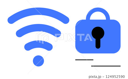wireless symbol and a lock icon representing network security. Ideal for technology, wireless communication, security, internet access, and data protection themes. Flat design style. Blue and white 124952590