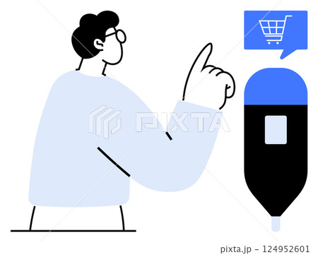 Male figure with glasses pointing towards a digital shopping cart icon. Ideal for online shopping, e-commerce, digital transactions, retail marketing, customer interaction, product selection, user Male figure with glasses pointing towards a digital shopping cart icon. Ideal for online shopping, e-commerce, digital transactions, retail marketing, customer interaction, product selection, user 124952601