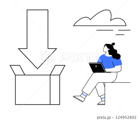 Woman sitting with laptop near an open box and large downward arrow, under a cloud in the sky. Ideal for delivery services, online shopping, cloud computing, downloads, customer service, e-commerce 124952602