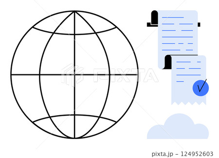 A globe with gridlines next to digital documents floating over a cloud. Ideal for themes like global communication, document management, digital data storage, technology integration, and cloud A globe with gridlines next to digital documents floating over a cloud. Ideal for themes like global communication, document management, digital data storage, technology integration, and cloud 124952603