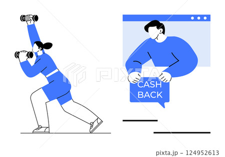 Woman lifting weights on left, person in window holding cash back message on right. Ideal for fitness, online shopping, promotions, health, e-commerce. Minimalist color style Woman lifting weights on left, person in window holding cash back message on right. Ideal for fitness, online shopping, promotions, health, e-commerce. Minimalist color style 124952613
