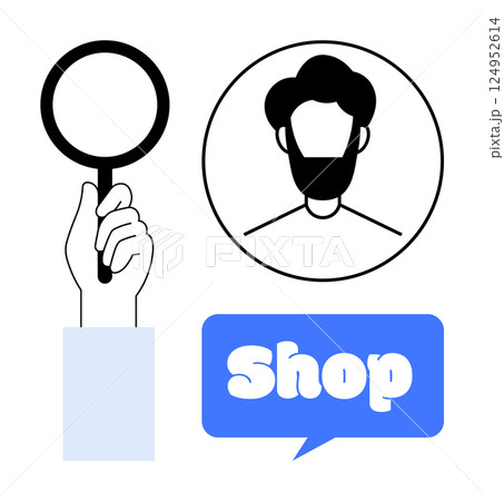 Hand holding magnifying glass, circular image of mans face, and blue speech bubble with word Shop. Ideal for business, shopping, search tools, online stores, and marketing strategies. Minimalist Hand holding magnifying glass, circular image of mans face, and blue speech bubble with word Shop. Ideal for business, shopping, search tools, online stores, and marketing strategies. Minimalist 124952614