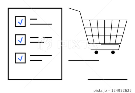 A shopping list with checkmarks beside tasks and a shopping cart. Ideal for retail, grocery shopping, task management, online shopping, organization. Simple line art style 124952623