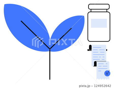 Stylized blue leaf on the left contrasting with black container and blue-highlighted document on, the right Ideal for medical themes environmental conservation natural products health and eco-friendly Stylized blue leaf on the left contrasting with black container and blue-highlighted document on, the right Ideal for medical themes environmental conservation natural products health and eco-friendly 124952642