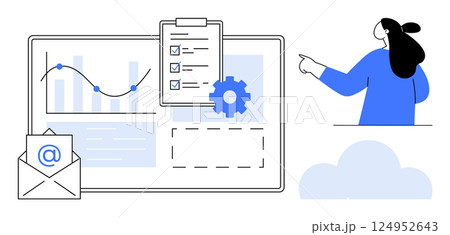 Vector showing a woman pointing at a graph and checklist on a computer screen, alongside an email icon and gear symbol. Ideal for business and technology, data analysis, project management, email Vector showing a woman pointing at a graph and checklist on a computer screen, alongside an email icon and gear symbol. Ideal for business and technology, data analysis, project management, email 124952643