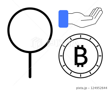 Magnifying glass, outstretched hand, and Bitcoin symbol. Ideal for cryptocurrency, financial transactions, investment, blockchain technology, digital currency, money transfer, banking Line metaphor Magnifying glass, outstretched hand, and Bitcoin symbol. Ideal for cryptocurrency, financial transactions, investment, blockchain technology, digital currency, money transfer, banking Line metaphor 124952644