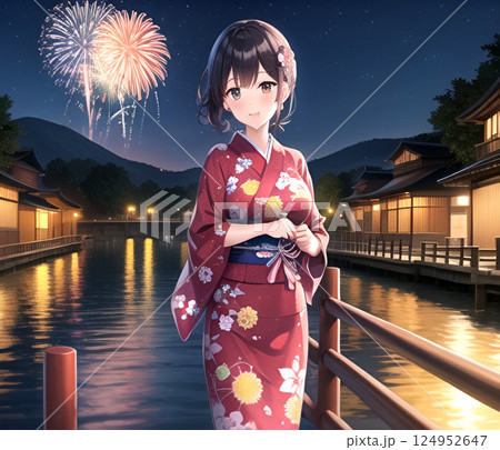 川辺に佇む浴衣美人と花火大会 124952647