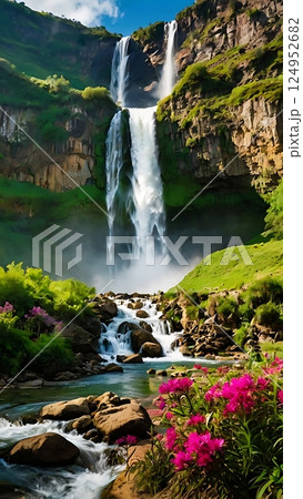 Majestic Waterfall Overlooking a Vibrant Landscape 6-1 124952682