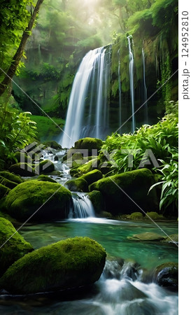 Mystical Waterfall Haven Amidst Verdant Hills 8-1 124952810