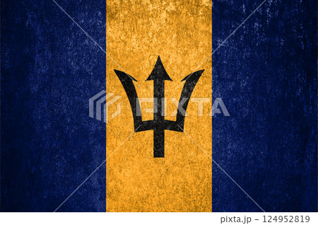 Barbados state flag on a metal surface. Dirty grunge Barbados flag. 124952819