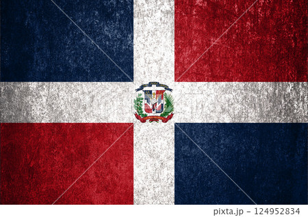 Dominican Republic state flag on a metal surface. Dirty grunge Dominican Republic  flag. 124952834