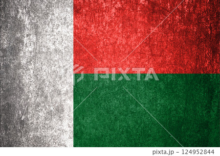 Madagascar State Flag. Dirty Madagascar flag on metal surface. 124952844