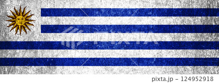 Uruguay state flag on a metal surface. Banner of dirty grunge Uruguay flag. Uruguay state flag on a metal surface. Banner of dirty grunge Uruguay flag. 124952918