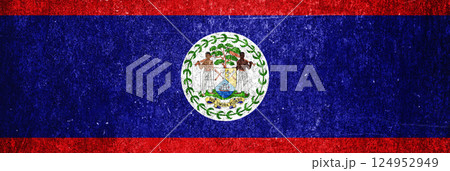 Belize state flag on a metal surface. Banner of dirty grunge Belize flag. 124952949