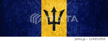 Barbados state flag on a metal surface. Banner of dirty grunge Barbados flag. 124952950