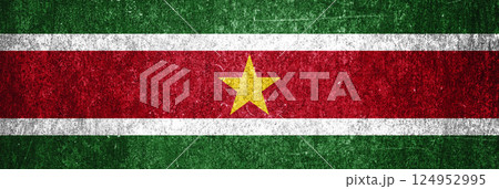 Suriname state flag on a metal surface. Banner of dirty grunge Suriname flag. 124952995