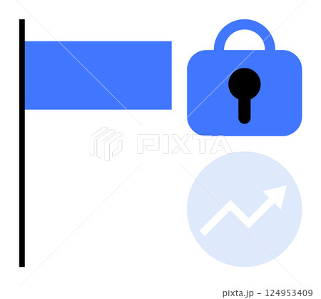 Blue flag next to a lock symbol and an upward graph arrow inside a circle suggesting security, business growth, achievement, and success. Ideal for business presentations, security themes, growth Blue flag next to a lock symbol and an upward graph arrow inside a circle suggesting security, business growth, achievement, and success. Ideal for business presentations, security themes, growth 124953409