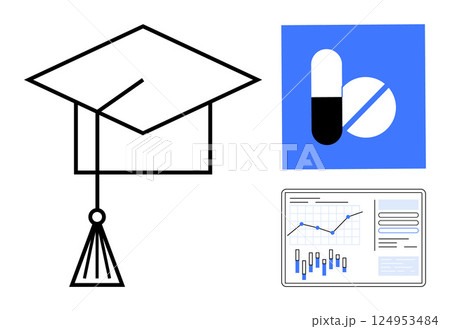 Mortarboard represents academic success, medicine symbol emphasizes healthcare, data chart shows analysis. Ideal for education, healthcare, research, data analysis, interdisciplinary studies 124953484