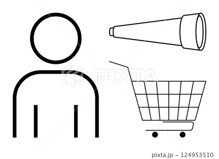 Minimalist line drawings of a person, a telescope, and a shopping cart in black and white. Ideal for e-commerce, exploration, shopping, search, and navigation themes. Modern, minimalistic, clean 124953510