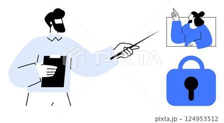 A man holding a pointer and clipboard stands next to a screen showing a woman gesturing, with a padlock symbol nearby. Ideal for education, training, security, presentations, and communication 124953512