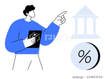 Man holding a tablet, pointing towards a bank building with a large percent symbol. Ideal for banking, finance, loans, interest rates, investment, economic education, and savings concepts. Line Man holding a tablet, pointing towards a bank building with a large percent symbol. Ideal for banking, finance, loans, interest rates, investment, economic education, and savings concepts. Line 124953514