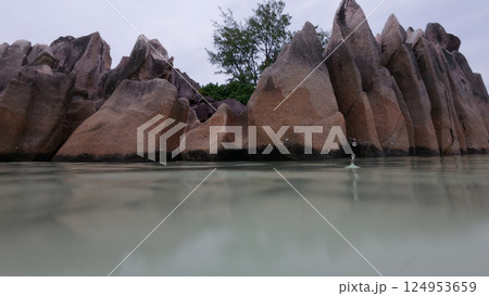low angle shot of rocks on Curieuse island Seychelles 124953659