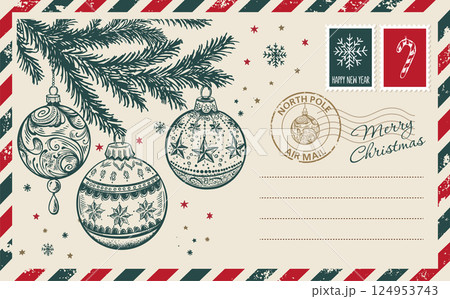 Christmas mail, postcard, hand drawn illustration. Christmas mail, postcard, hand drawn illustration. 124953743