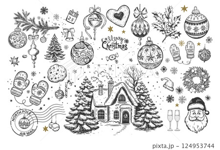 Christmas, tree, ball, star, set on white, Hand drawn illustration Christmas, tree, ball, star, set on white, Hand drawn illustration 124953744