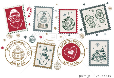 Christmas Stamps, mail, postcard hand drawn illustrations on white.	 124953745