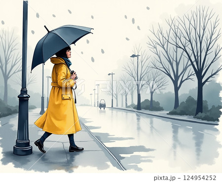雨の中、傘をさして歩く女性 124954252
