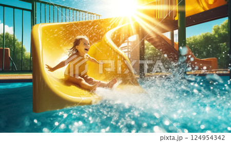 Vividly captures a little girl sliding from a bright yellow water slide into a pool, her face lit up with sheer happiness. The moment she hits the water, a big splash surrounds her, reflecting the 124954342