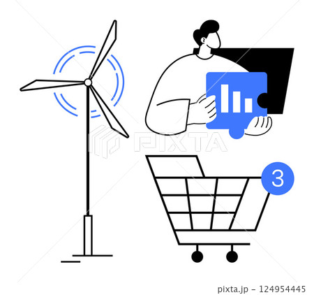 Wind turbine with rotation lines, person holding chart with rising bars, shopping cart with notification. Ideal for renewable energy, data analysis, e-commerce, sustainability, technology, business Wind turbine with rotation lines, person holding chart with rising bars, shopping cart with notification. Ideal for renewable energy, data analysis, e-commerce, sustainability, technology, business 124954445