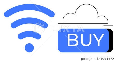 Blue wireless signal symbol next to BUY button icon with cloud outline. Ideal for e-commerce, internet connectivity, online purchases, digital marketing, cloud services, retail technology, web Blue wireless signal symbol next to BUY button icon with cloud outline. Ideal for e-commerce, internet connectivity, online purchases, digital marketing, cloud services, retail technology, web 124954472
