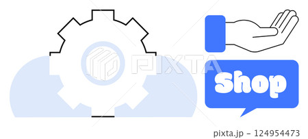 A gear symbol with a cloud background next to a hand holding a speech bubble with the word shop represents services related to online shopping or e-commerce. Ideal for business, technology 124954473