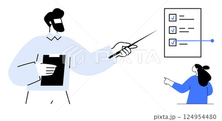 Two individuals engaged in a business presentation. One holds a clipboard and pointer, focusing on a checklist. Ideal for teamwork, business meetings, presentations, project management 124954480