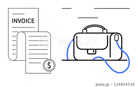 Invoice document with dollar symbol next to briefcase. Ideal for business, finance, accounting, billing, professional management, office work, and entrepreneurship. Line metaphor 124954539