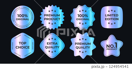 Premium Holographic Badges Set With Metallic Gradient Effect For Product Labels, Quality Guarantee, Promotion, Limited Edition And Top Choice Signs. Bright Shiny Stickers. Vector Illustration 124954541