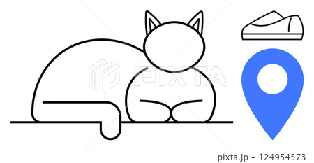 Cat lying down drawn in a black outline next to blue location pin and sneaker icon. Ideal for pet location services, animal care, pet tracking, navigation, minimalist designs, technology apps Cat lying down drawn in a black outline next to blue location pin and sneaker icon. Ideal for pet location services, animal care, pet tracking, navigation, minimalist designs, technology apps 124954573