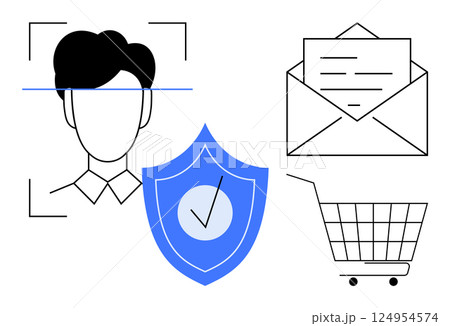 Depicts a persons face being scanned, an email envelope, a shield with a check mark and a shopping cart. Ideal for online identity verification, email security, online shopping security, digital 124954574