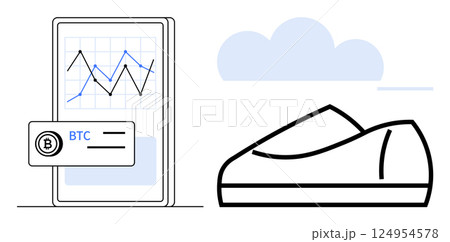 Phone displaying Bitcoin graph and price, complemented by a futuristic shoe under a cloud. Ideal for cryptocurrency, technology, finance, e-commerce, digital trends, fashion, marketing. Line metaphor Phone displaying Bitcoin graph and price, complemented by a futuristic shoe under a cloud. Ideal for cryptocurrency, technology, finance, e-commerce, digital trends, fashion, marketing. Line metaphor 124954578