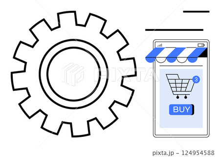 Large gear next to smartphone displaying shopping cart and BUY button. Abstract lines above. Ideal for e-commerce, technology, digital marketing, online shopping, mobile applications. Simple modern Large gear next to smartphone displaying shopping cart and BUY button. Abstract lines above. Ideal for e-commerce, technology, digital marketing, online shopping, mobile applications. Simple modern 124954588